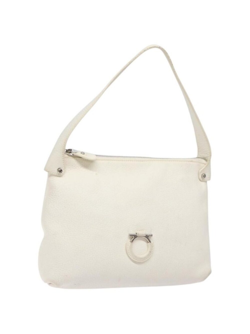 Authentic Salvatore Ferragamo Gancini Shoulder Bag Leather White Silver